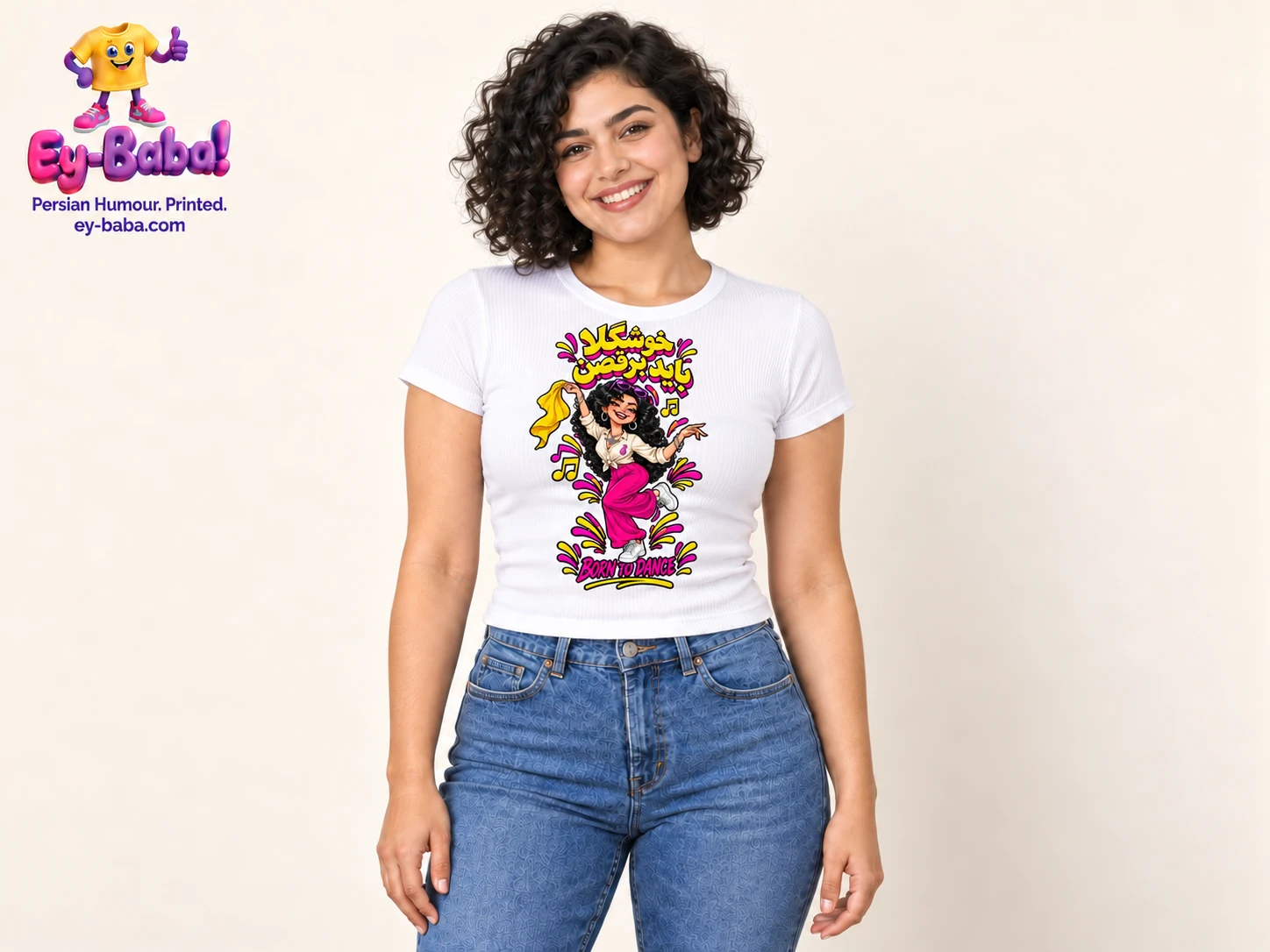 Born to Dance — white baby rib tee on model