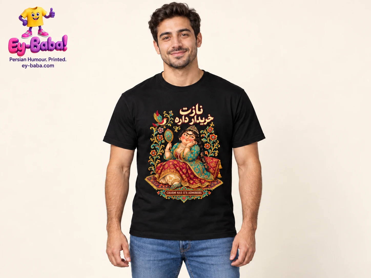 Charm Has Its Admirers — black T-shirt on model
